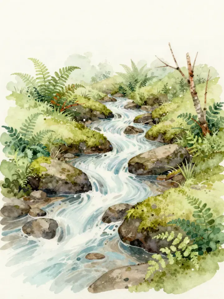 Aquarelle : un petit ruisseau qui dévale entre les pierres moussues et les fougères