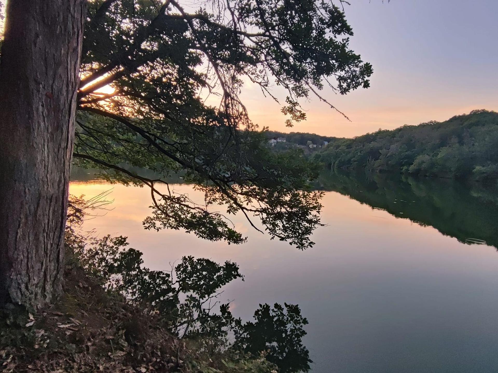 Le lac au coucher du soleil, entre les arbres